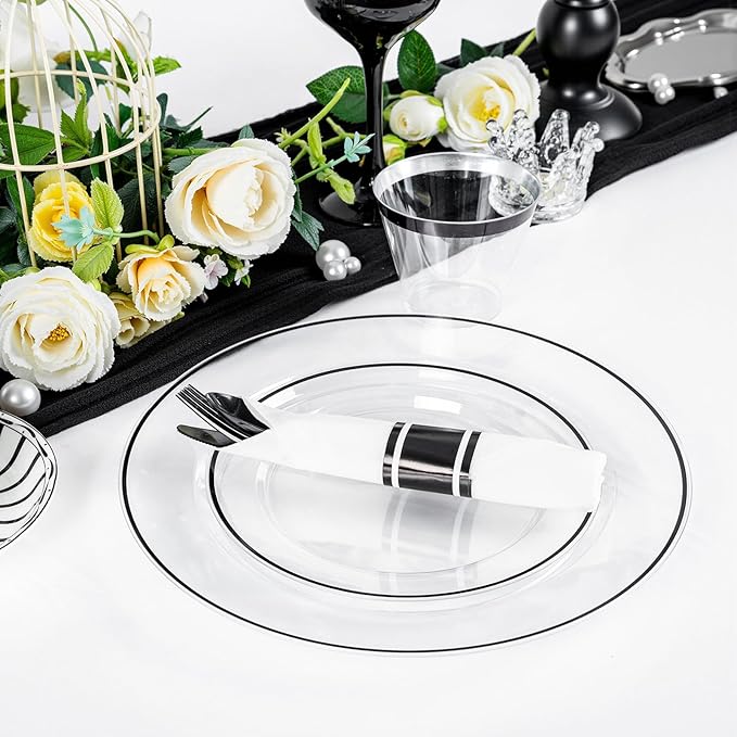 SUT 350 Pcs Black and Clear Plastic Dinnerware Set for 50 Guests, Include: 50 Dinner Plates, 50 Dessert Plates, 50 Pre Rolled Napkins With Silverware, 50 Cups, Disposable Plates for Party