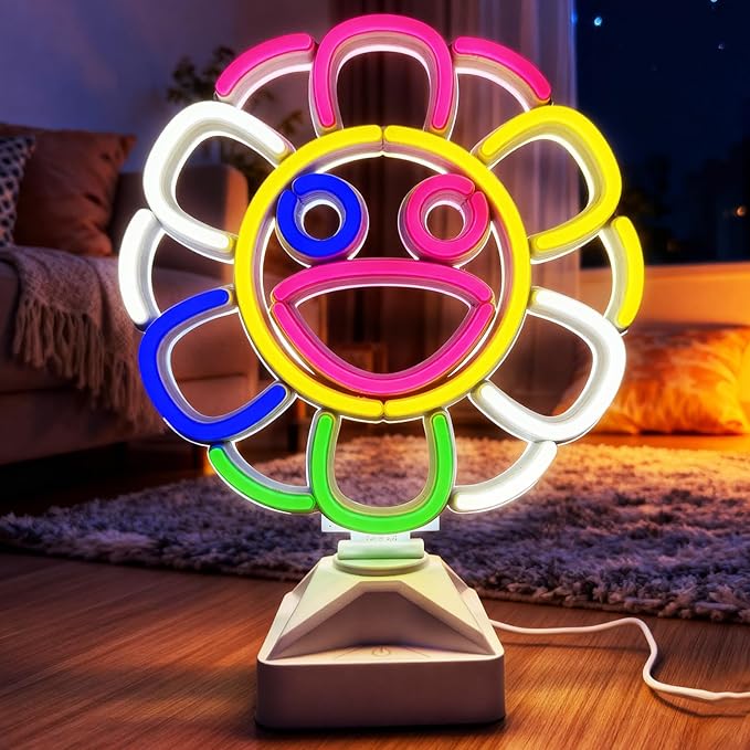 Sunflower Neon Lights with Holder Base, Colorful Smile Flower Lamp, Cute Night Light, Table Lamps for Home/Coffee Bar/Birthday/Party/Office/Wedding Decor/Kid's Gifts