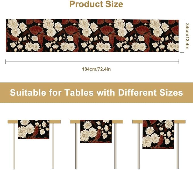 Vintage Flowers Table Runner,Boho Red Gold Floral Plant Print Art Table Runner for Home Kitchen Table Dining Indoor Outdoor Party Decor 13x90 Inch