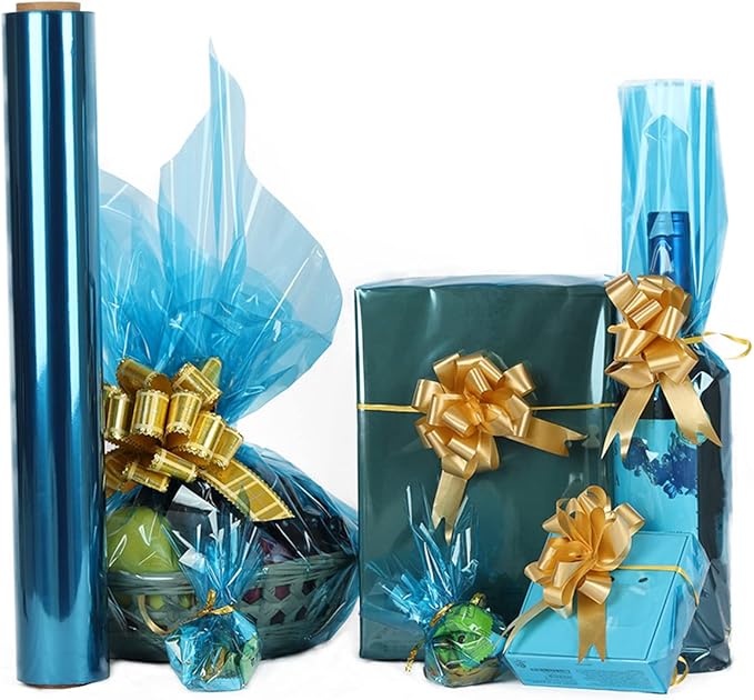 CMFYHM Iridescent Light blue Cellophane Wrap Roll I 34 In X 100 Ft I Extra Wide Colorful Cello Perfect For Baskets,Gifts,Birthday Holiday Wedding Floral, Party Arts Crafts Decoration