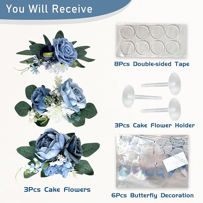 Pre-Made Dusty Blue Silk Flowers for Cakes Decorations Navy Royal Blue Artificial Rose Peony Wedding Cake Toppers Decorating Fake Floral Anniversary Birthday Party Arrangements Table