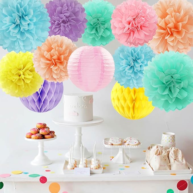 Pastel Paper Flowers Tissue Pom Poms Honeycomb Lanterns 15pcs Party Decorations for Rainbow Colorful Macaron Ice Cream Birthday Baby Shower Easter Carnival Wedding Hanging Supplies Mprocherify