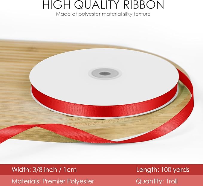 100 Yards 3/8 inch Satin Ribbon, Fabric Ribbon Solid Color Perfect for Gift Wrapping, Wedding, Handmade Bows, Floral Bouquets and Party Decoration(red)