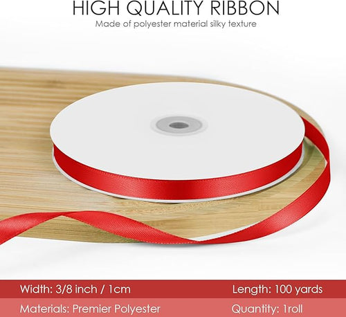 100 Yards 3/8 inch Satin Ribbon, Fabric Ribbon Solid Color Perfect for Gift Wrapping, Wedding, Handmade Bows, Floral Bouquets and Party Decoration(red)