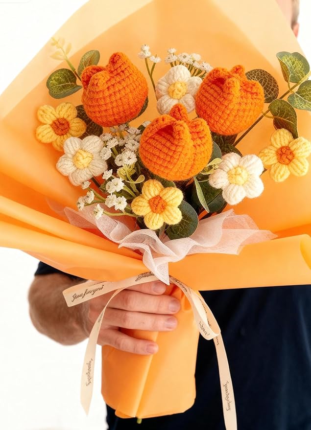 Crochet Flower Bouquet Handmade Knitted Sunflower Tulip Rose Daisy