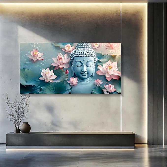 Iallbin Buddha Wall Art & Zen Wall Decor, White Lotus on Water Canvas Painting - for Yoga Meditation Room, Spa & Bathroom, Blue Art Deco Style, 48x24 Inches
