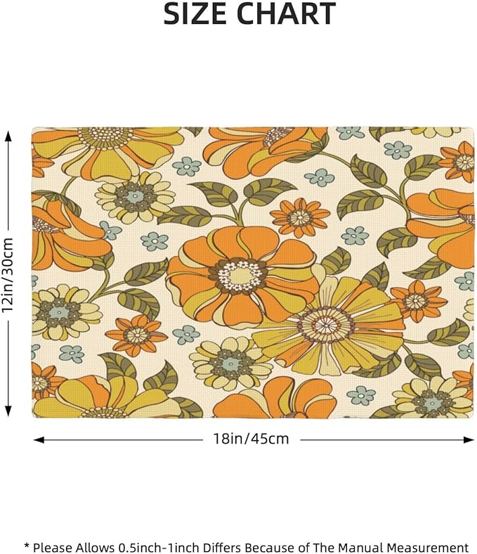 Vintage Floral Placemats, Orange 70s Rustic Natural Hippy Boho Floral Plant Print Washable Fabric Placemats Table Kitchen Dining Party 12x18 Inch Set of 4