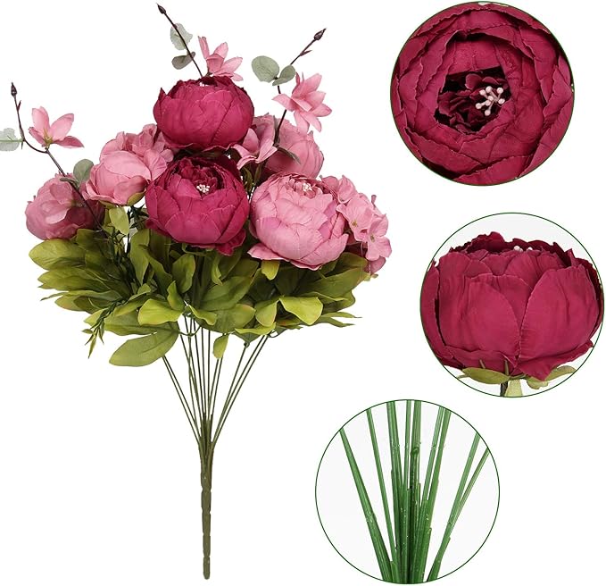 Flojery Silk Peony Bouquet Vintage Artificial Peonies Flower for Home Wedding Party Decor (1pcs, Burgundy)