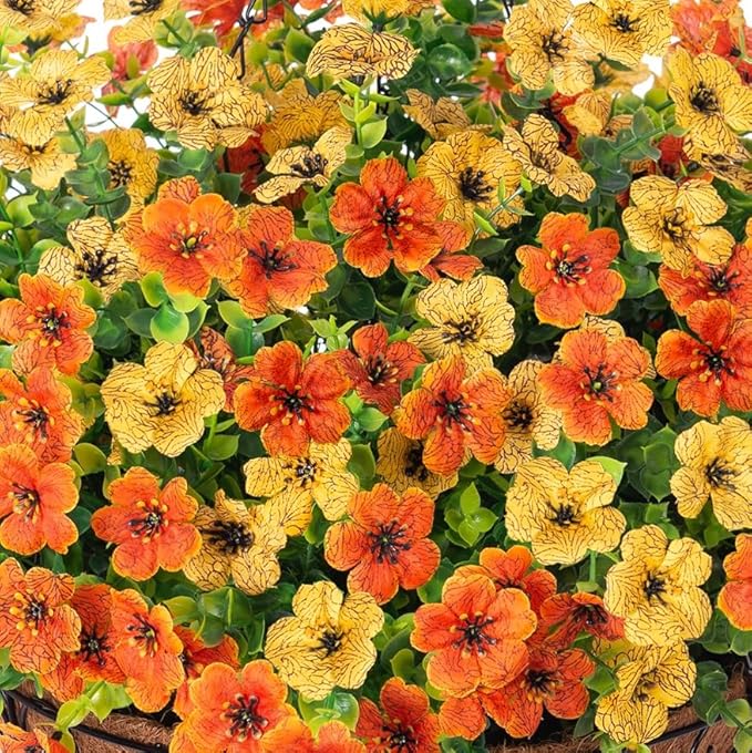 HyeFlora Artificial Fake Hanging Mums Plants Flowers Basket for Fall Autumn Outdoor Decor, Faux Silk Orange Dasiy Flower Look Real UV Resistant for Outside Porch Home Patio Garden Decoration