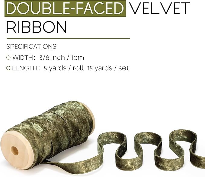 Velvet Green Ribbon Double-Sided Handmade Glossy Fabric Trim Wooden Spool Thin Ribbons for Christmas Tree Gift Wrapping Crafts Wedding Flower Bouquet 3/8 inch x 5YD 3 Rolls