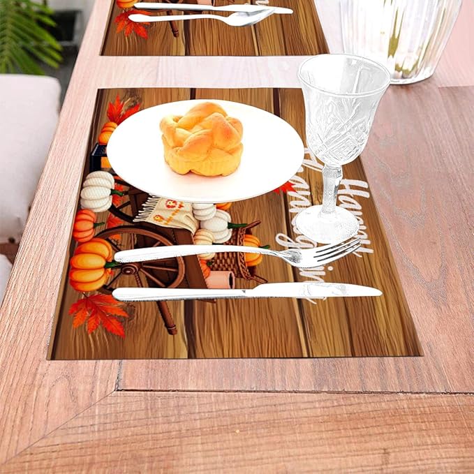 PVC Placemats Set of 1 Wipeable Table Mats Washable Heat Resistant Non Slip Vinyl Dining Table Mat for Kitchen Indoor Outdoor Patio Farmhouse Place Mats Thanksgiving Pumpkin Cart Decorative