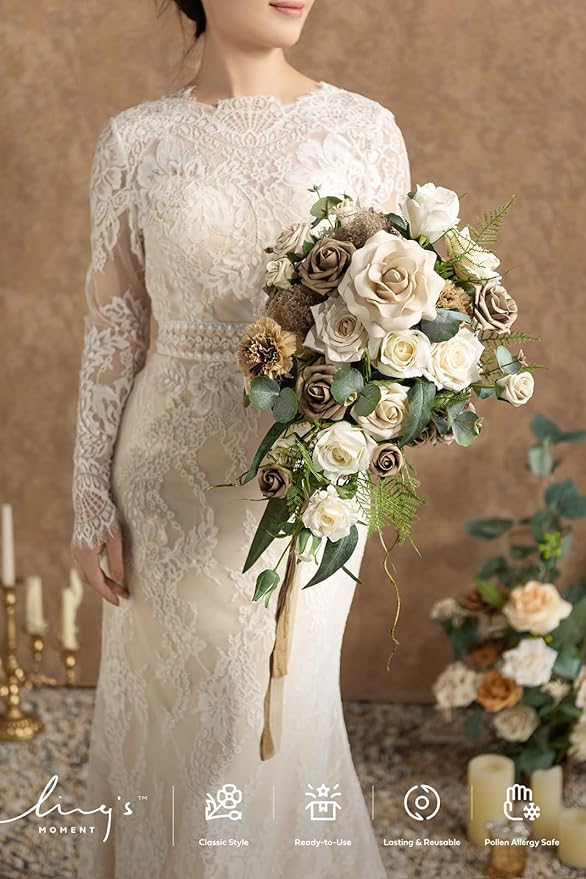Ling's moment Intimate Brown Bridal Bouquet Cascading, Beige Wedding Bouquets for Bride, 13 Inch Bride Bouquets for Wedding Artificial Flowers Bouquets