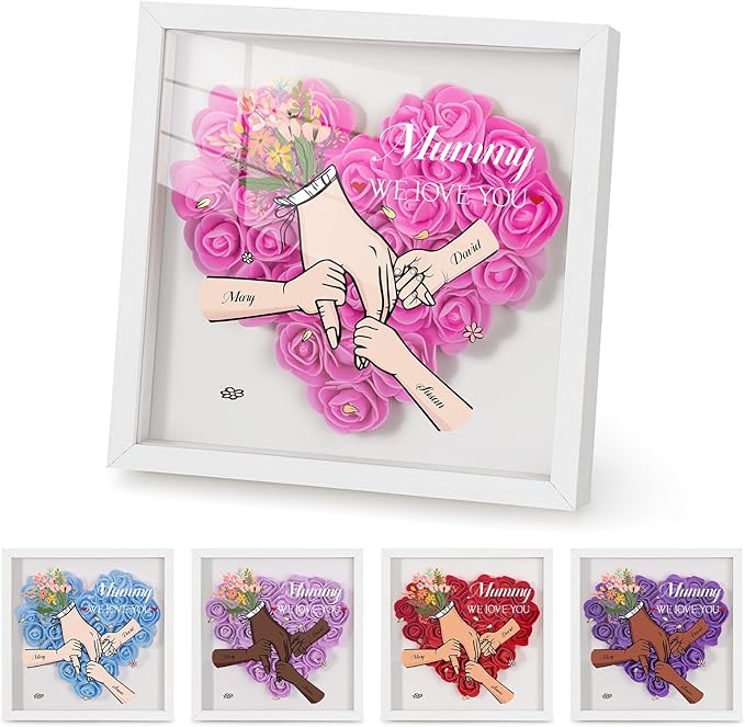 Mom We Love You - Personalized Flower Shadow Box with Names, Christmas Mothers Day Flower Box Gifts for Mom (Style 4-Hand in Hand)