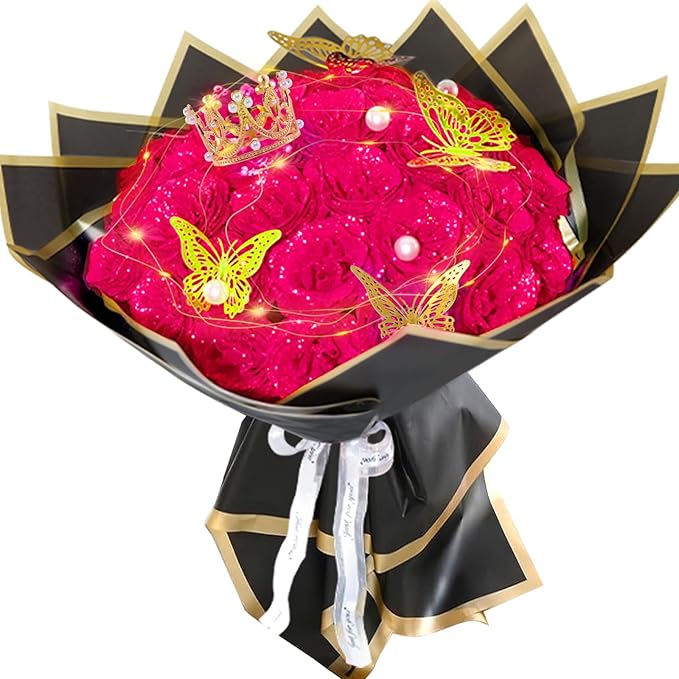 Rose Pink Glitter Roses Bouquet, 36 Pcs Shiny Glitter Flowers Bouquet, Everlasting DIY Artificial Roses Bouquet for Christmas, Birthday, Anniversary, Wedding, Engagement