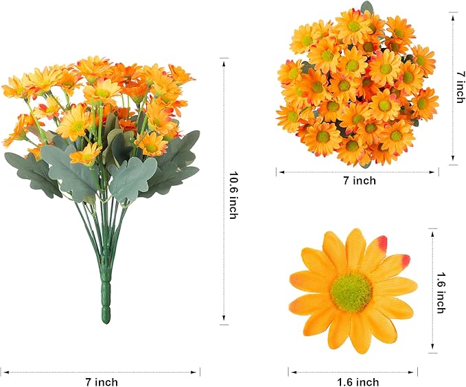 Daisy Artificial Flowers for Outdoors Winter Decoration, 6 Bundles Fake Mums Orange Silk Flowers for Outside Look Real UV Resistant Fake Plants Faux Flowers for Planter Front Door Home Indoor Urn