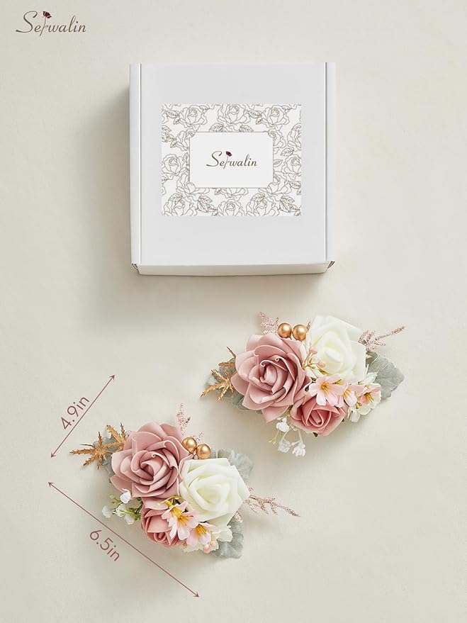 Serwalin Set of 2 Boutonniere for Men Corsage with Pins,Groom and Best Man Boutonnieres for Wedding Prom Ceremony Anniversary and Party (Pink&White)