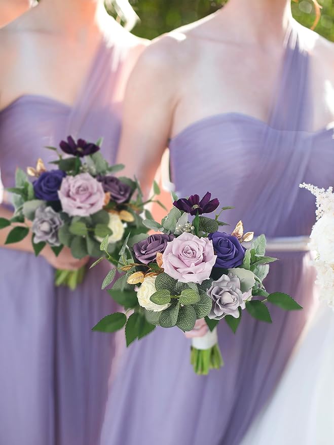 Rinlong 1Pc Purple Bridesmaids Bouquet Artificial Wedding Bouquets for Bridesmaid Silk Bouquet for Wedding Prom Homecoming