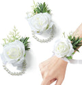 2pcs Wedding White Rose Wrist Flowers Artificial Rose Flowers for Ceremony Prom Party Accessories (2 Wrist Corsage White)