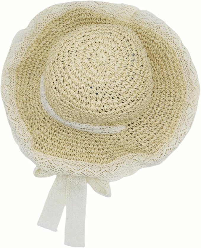 Ladies Wide Brim Beach Straw Hat Summer Vacation Sun Protection Hat Braided Lace Edge Hat Soft Foldable Lightweight