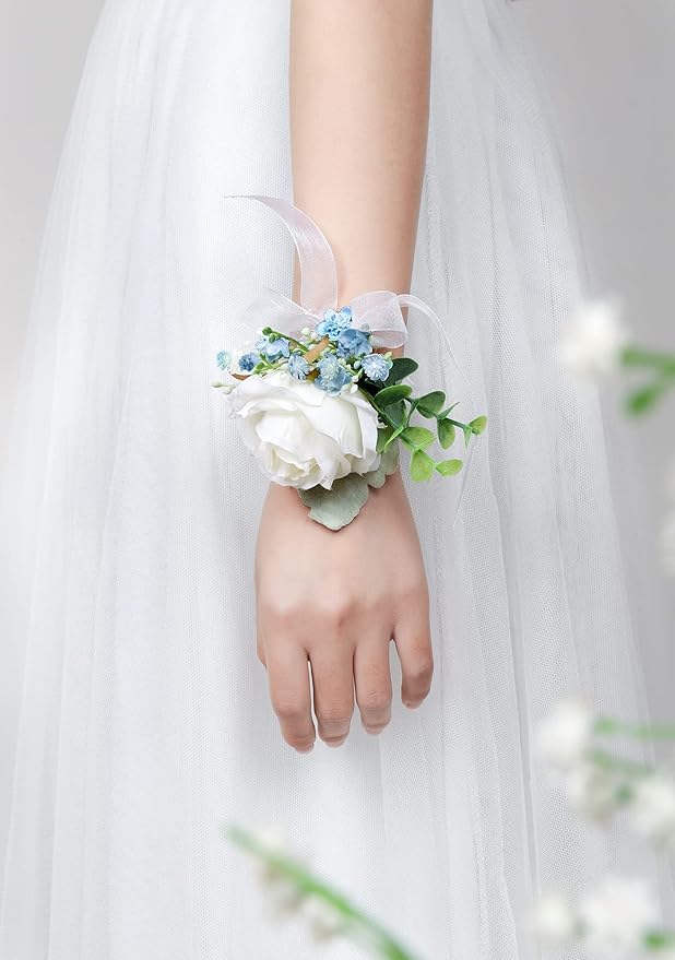 White & Blue Rose Corsage and Men Boutonniere Set for Wedding Ivory Corsages Wristlet Band Bracelet for Wedding Flowers Accessories Prom Homecoming Suit Decorations