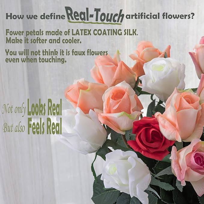 12pcs Half Opened Artificial Rose Buds,17 Inch Real Touch Silk Roses with Partially Opened Flowers, Artificial Flower for Home Décor Centerpiece Wedding Bouquet,Red