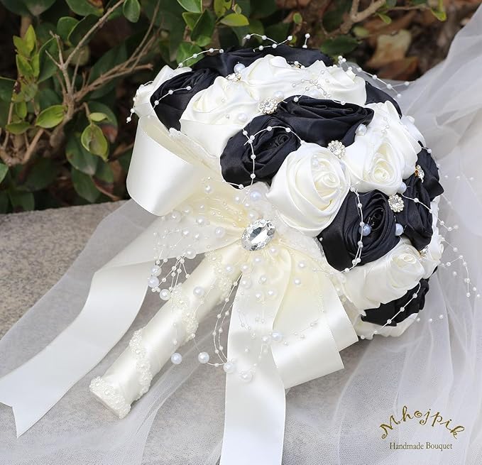 Bridal Wedding Bouquet Round Bling Brooch Bouquet Throw Toss Artificial Rose Flower Bunch for Bride Bridesmaid Wedding Quinceanera(Black & Ivory, 6.3")
