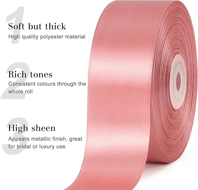 1-1/2 Inches 50 Yards Rose Gold Satin Ribbon, Solid Fabric Ribbon Roll for Flower Bouquets, Gift Wrapping, Wedding, Handmade Crafts