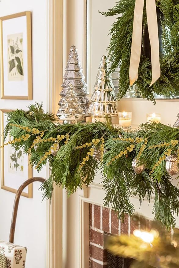 Oairse 8 Pcs Christmas Tree Picks and Sprays Gold Glitter Christmas Picks 25.6" Christmas Glitter Eucalyptus Leaves Stems for Christmas Tree Filler Branches Wreaths Centerpieces Holiday Decorations