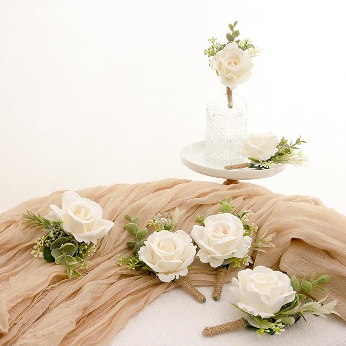 Ivory Rose Boutonniere for Men Wedding Set of 6 Groom Groomsmen Best Man Artificial Flowers Boutonniere for Wedding Ceremony Anniversary Prom Flowers Formal Dinner Party (6, White, Middle)