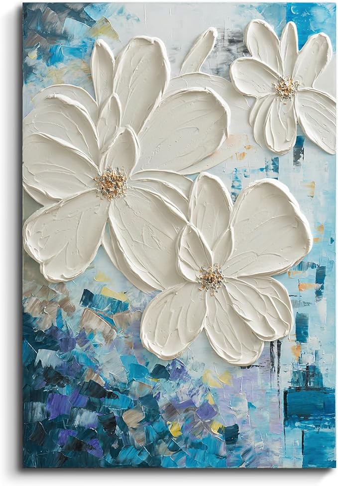 JUHOME Hand-Painted Textured Flower Oil Painting Canvas Wall Art,24x36 In Abstract White Floral Artwork, Vertical Modern Original Wall Decor for Living Room Bedroom Office
