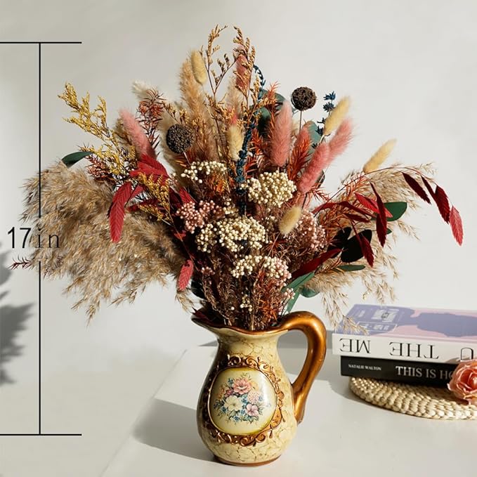 Natural Dried Pampas Grass Bouquet,17" Natural Dried Flower Bouquet，Pampas Grass Silver Dollar Leaf Decoration， Bohemian Style Family Wedding Country Farmhouse Decorated with Dried Flowers