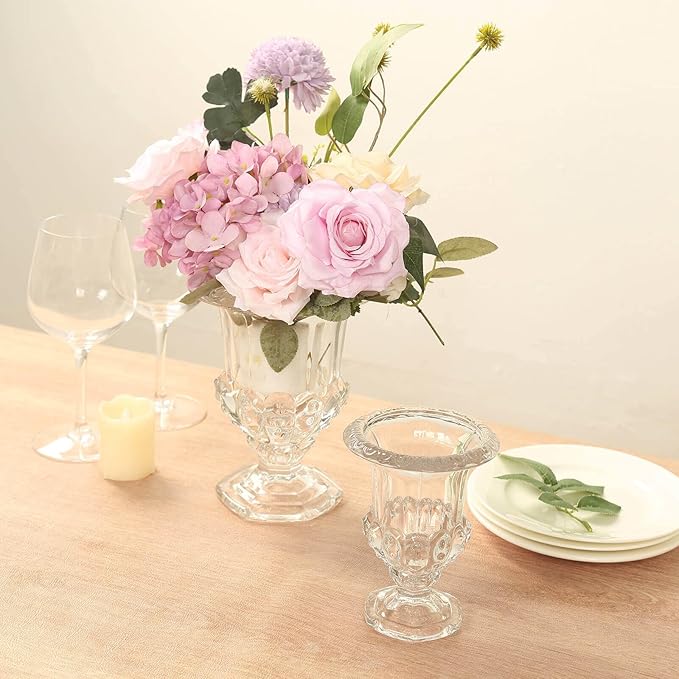 Efavormart 2 Pack Clear Glass Flower Vases in Classic Roman Urn Style, Mini Pedestal Vase Table Centerpieces - 6"