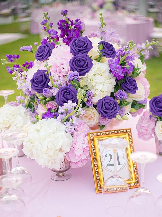 MACTING Purple Artificial Flowers 30PCS Fake Roses with Stem Real Touch Soft Foam Roses for Valentines Day Gifts DIY Wedding Bouquet Table Centerpieces Party Bridal Shower Home Spring Decorations