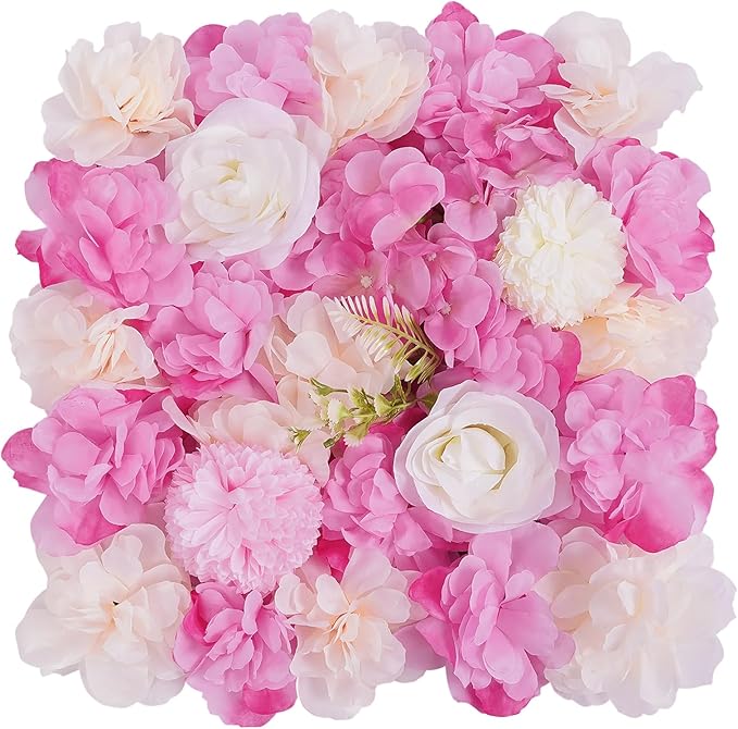 12 Pcs White Flower Wall Flowers Backdrop Artificial Flower for Backdrop Flowers Decoration 3D Floral Panels for Wall Decor Home Party Wedding Room Decoration (38x38cm/Deep Pink+White)