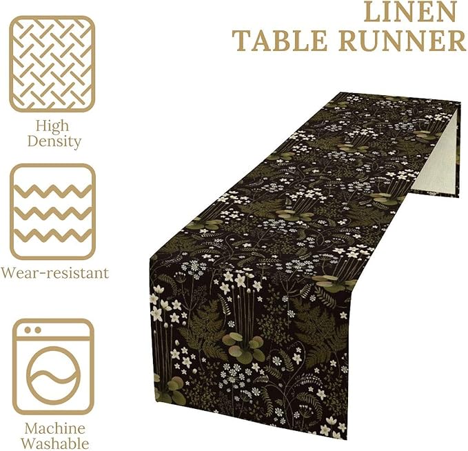 Forest Plant Table Runner, Rustic Field Wild Flower Herbal Fern Vintage Farmhouse Natural Floral Table Runner for Home Party Decor, 13x108inch