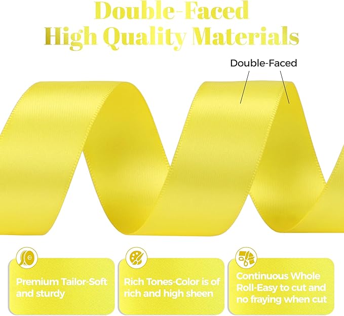 Lemon Yellow Satin Ribbon, Double Faced 1 Inch X 50 Yards Lemon Yellow Ribbon, Premium Satin Ribbon for Gift Wrapping, Crafts, Hair Bow Making, Sewing, Flower Bouquet, Wedding Party Decor