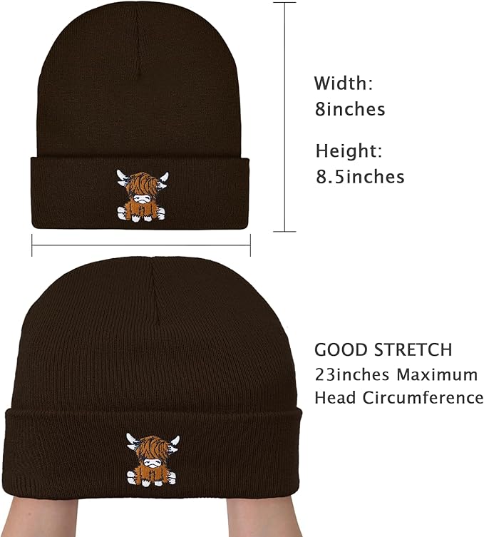 Scottish Highland Cow Beanie Hat, Cute Funny Cow Embroidery Winter Knit Skull Cap for Adult Men Women