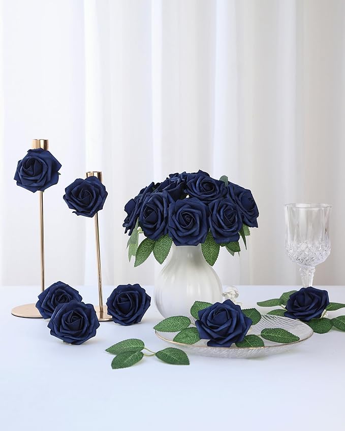 DuHouse 50Pcs Artificial Roses Flowers Fake Roses with Stems Real Touch Foam Flowers for DIY Wedding Bouquet Baby Shower Centerpiece Floral Arrangement Party Home Decor(Navy Blue)
