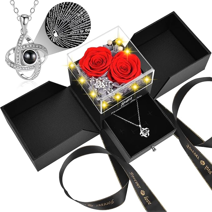 2 Preserved Rose Gift for Women - Eternal Rose with I Love You Necklace - Romantic Birthday Gifts for Girlfriend Mom Her Wife Grandma on Valentines Mothers Day Anniversary Christmas-Red