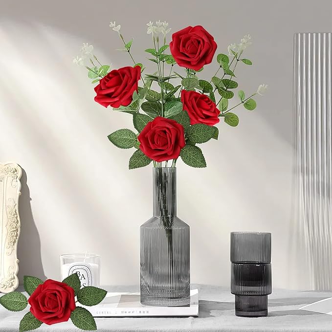 AmyHomie Artificial Flower Dark Red Rose 100pcs Real Looking Fake Roses w/Stem for DIY Wedding Bouquets Centerpieces Arrangements Party Baby Shower Valentines Day Christmas Tree Decorations
