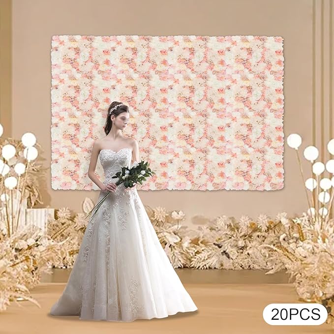 20 PCS Artificial Flower Wall Panel,Each Panel 24" x 16"3D Silk Rose Hydrangea Floral Backdrop,Handmade Eco-Friendly Flower Wall Photo Backdrop Decor (type1)