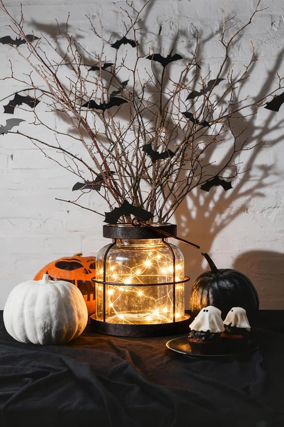 Vintage Farmhouse Lantern Decor with Hidden Switch Lid, LED Lighted Rustic Glass Vase for Floral Arrangements, Table Centerpiece Vintage Farmhouse Flower Vase-Metal Cage