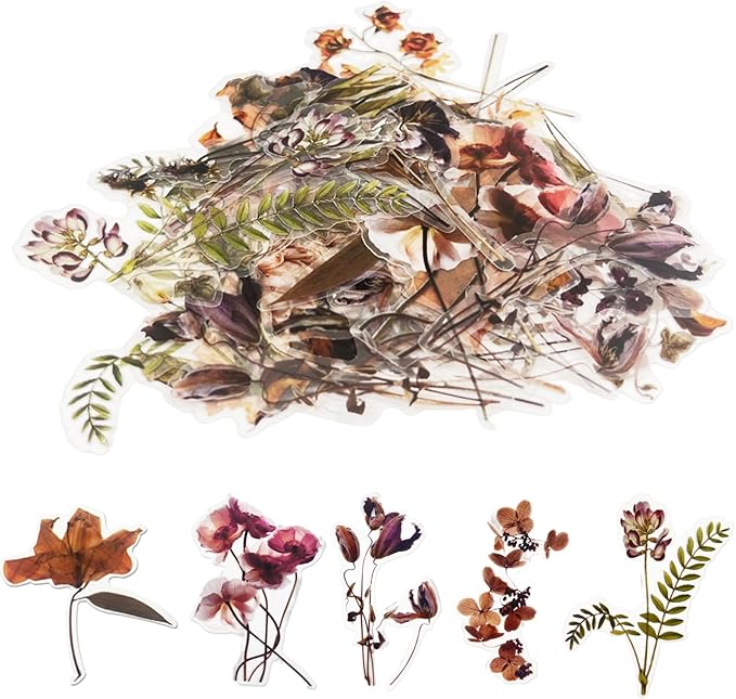 Natural Flower Sticker for Scrapbooking,PET Nature Plant Stickers Floral Stickers Vintage Craft Sticker,for Journaling Scrapbooking Clear Flower Decal (Style A)