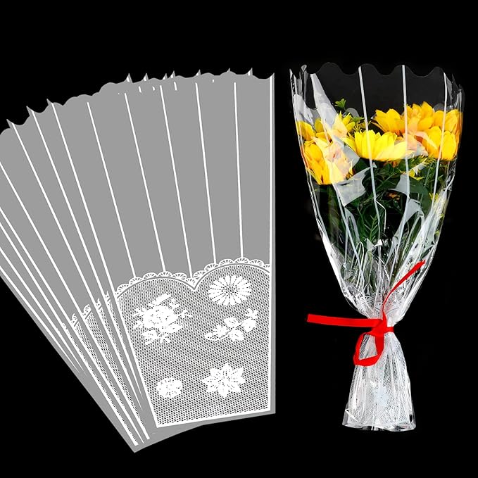 FOIMAS 100pcs Flower Bouquet Bag Plastic Wrapping Bags Clear Floral Bouquet Sleeve Cellophane Sleeves Flower Bouquet Packaging Bags for Flower Craft Birhtday Wedding Valentine's Day Mother's Day