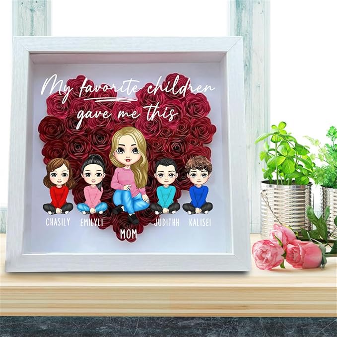 Personalized Mom Flower Shadow Box Custom Heart Shaped Rose Flower Shadow Box Frame From The Start Best Friends Forever From The Heart Mother's Day Portrait Shadowbox Memory Gifts for Mom
