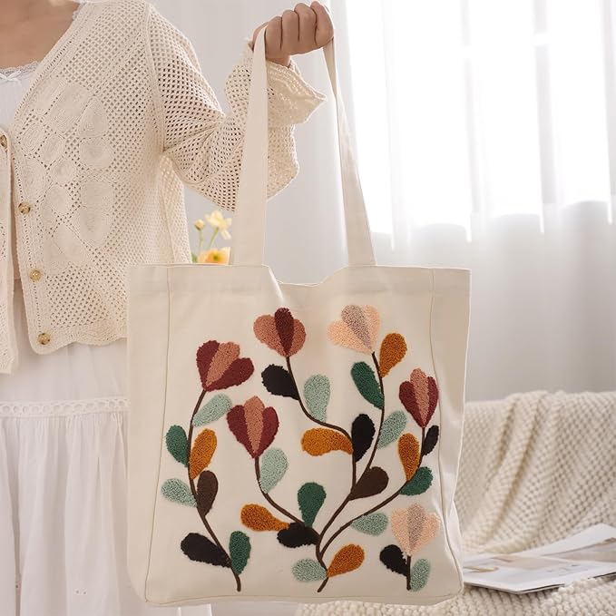 Aesthetic Embroidery Tote Bag for Lady Cute Reusable Canvas Shoulder Bag for Girls Women Shopping Grocery