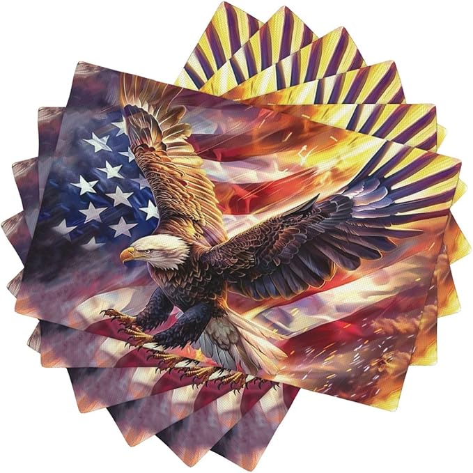 American Flag Placemats Set of 6 Washable Table Bald Eagle Heat-Resistant Cotton Linen Place Mats for Dining Table Kitchen Indoor Outdoor Party Holiday Decor