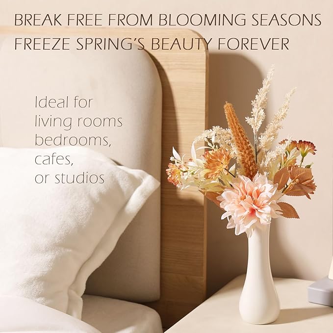 Fake Flower Bouquet, Faux Flower Arrangement for Decorating Kitchens, Bedrooms, Bathrooms, Realistic Artificial Flowers Made of Silk & Plastic, Floral Decoration with Dahlia & Small Blossoms