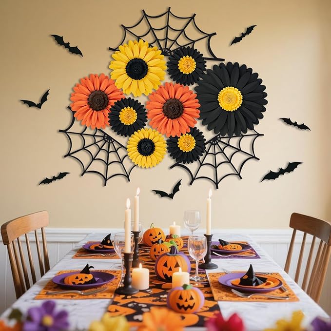 Paper Flowers Decorations for Wall, Black and Orange Party Decorations 3D Large Artificial Flower Hanging Paper Fans Fall Bulletin Board Decoration for Classroom Autumn Thanksgiving Window Fall Decal