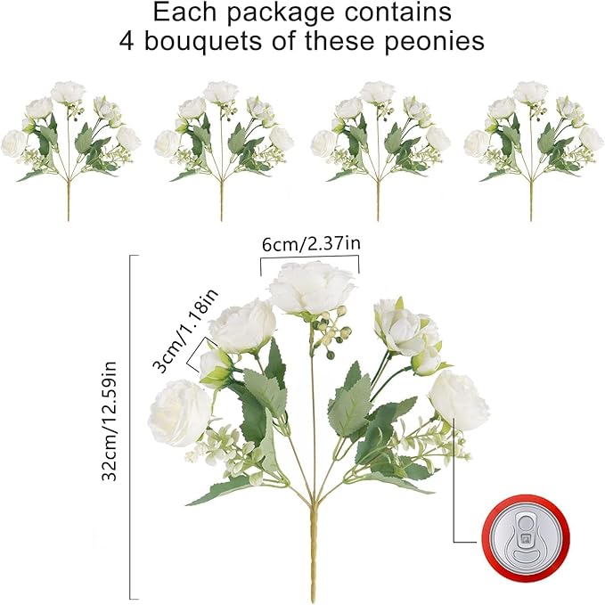 4 Bundles Artificial Peonies Silk Flowers, White Faux Peony Bouquet Florals Arrangements Decor for Farmhouse Home Boho Wedding Table Centerpiece, Fake Plastic Flowers Bulk Vase Decoration (White)